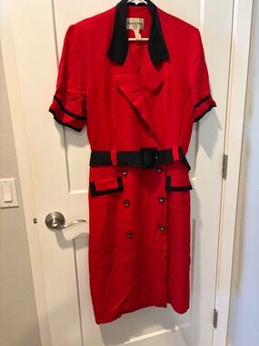 Danny & Nicole Red Short-Sleeve Double-Breasted Dress with Black Trim, Vintage